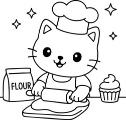 Dessin au trait pour page ou livre de coloriage de chat mignon et amusant. Trait simple et facile, vecteur noir transparent. 