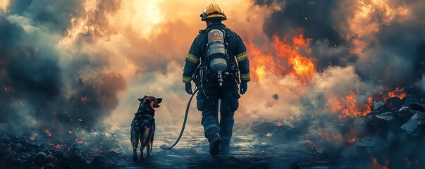 Heroic volunteer firefighter with rescue dog, leading survivors to safety through earthquake ruins, smoke and rubble, heartwarming disaster relief scene, AIgenerated art