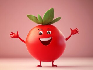 A cheerful cartoon tomato character with a happy expression and vibrant colors. 3D soft pop