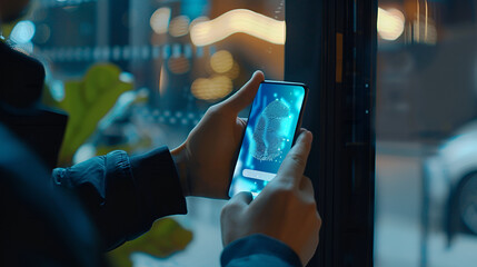 Person holding a smartphone displaying a fingerprint scan near a window at nighttime indoors .