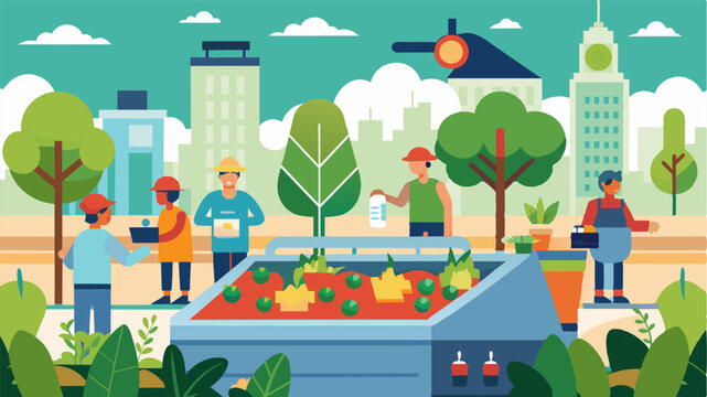 In a crowded urban area a community rooftop garden utilizes autonomous seeders to efficiently plant and grow a variety of vegetables and herbs. This sustainable practice not only. Vector illustration