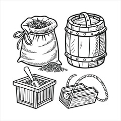 Various containers of grain, flour, and seeds