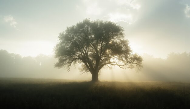 A large solitary tree stands in a foggy open field at sunrise with golden light rays piercing through the morning mist and distant trees lining the background horizon