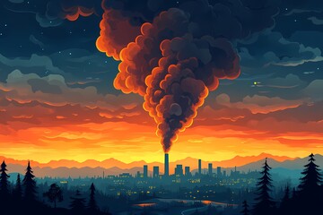 Eco-Awareness. A Vibrant, Artistic Illustration of Industrial Cityscape in Smoky Sunset Colors Highlighting Climate Change & Urban Pollution