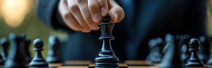 A person's hand carefully moves the black king piece on a chessboard. The image captures the intensity and strategy involved in the game, highlighting a moment of decision-making in a competitive