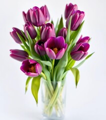 Obraz premium A vibrant bouquet of deep purple tulips arranged in a clear glass vase, light, purple, delicate