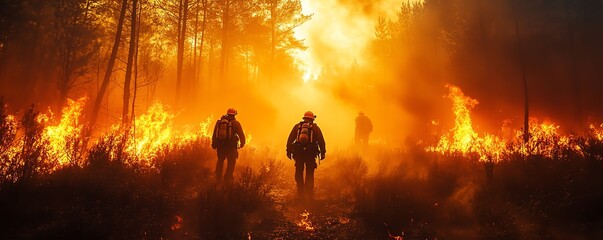 Heroic firefighters silhouetted by towering flames of forest blaze, heat haze and smoke, emotional disaster moment, highresolution, AIgenerated art