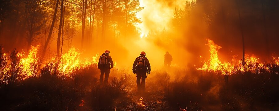 Heroic firefighters silhouetted by towering flames of forest blaze, heat haze and smoke, emotional disaster moment, highresolution, AIgenerated art
