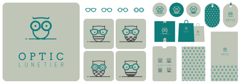 charte graphique pour opticien, d&eacute;clinaison de l'identit&eacute; graphique pour accessoires et goodies, sac, &eacute;tui &agrave; lunettes, &eacute;tiquettes, affiches, lingette, affiche, pattern, motif