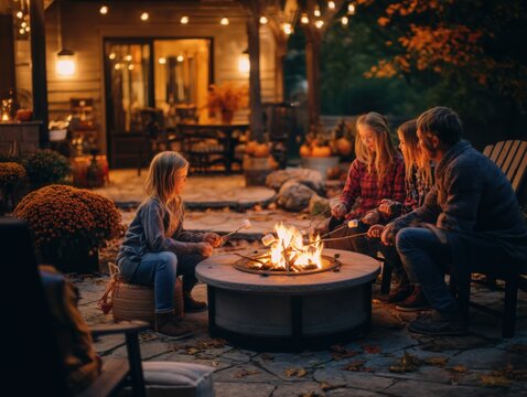 Cozy family roasting marshmallows around a fire pit in the backyard at dusk, representing warmth, togetherness, and autumn. Perfect for family lifestyle, fall season promotions, outdoor living, and ho