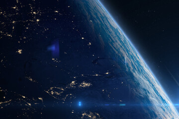 Nightly Earth planet. Surface of Earth planet in deep space. City lights on planet. Night on planet with cities lights. View from orbit. 