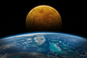 Earth and Venus in space. Solar system planets in deep space. View from space of Florida, the Bahamas, and Cuba. Planetary alignment. 