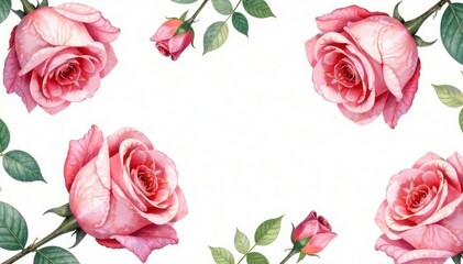 Fototapeta premium Delicate watercolor roses & leaves, repeating pattern, red, art