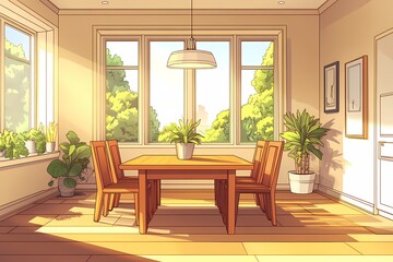 Fototapeta premium Modern Dining Area with Wooden Furniture and Natural Light in a Cozy Interior Room