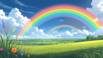 Naklejka premium Enchanting Double Rainbow Over Vibrant Wildflowers and Green Meadows Under Blue Sky