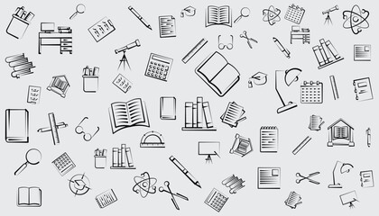 School and science pattern background with education signs.