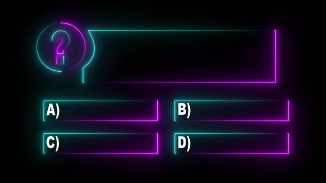 Quiz Neon Line Animation with option selection on black background ,Quiz template challenge with option selection, Neon Line Animation on empty background for quiz and competition
