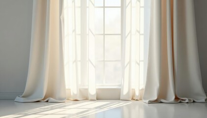 Flowing sheer white linen curtains, soft light, white, textile, serene