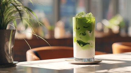 Iced matcha with milk in tall glass, layered green.