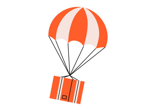 Hand drawn cute illustration of cardboard box with parachute. Flat vector flying package in colored doodle style. Parcel shipping icon. Shopping logistics. Delivery service sticker. Isolated.