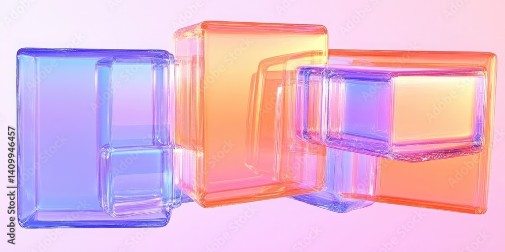 Poster transparent stacked 3d cubes with iridescent shimmering effect on pink background