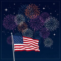 Celebrating with American Flag and Fireworks Display on Navy Blue Background