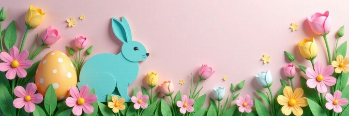 Colorful paper cut rabbit egg card with spring flowers and greenery, surrounded by pastel colors , greeting, rabbit, eggs