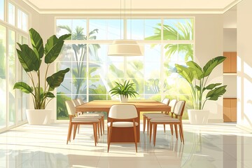 Modern Dining Room Interior Design. Natural Light and Wooden Table Enhance Cozy Space with Stylish Seating