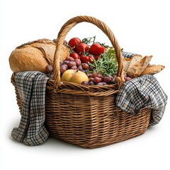Rustic Wicker Picnic Basket Filled with Bread Grapes Tomatoes and Herbs