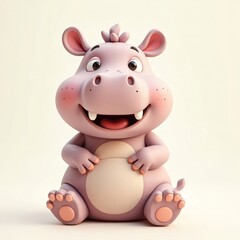 Fototapeta premium A cute, smiling cartoon hippo sitting happily. The hippo is pink with a smiling face and round eyes. This image would be a great addition to any children's book or educational material