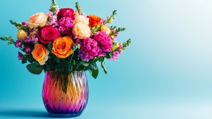 Against a blue background, a gradient vase filled with a colorful floral arrangement is perfect for enhancing the ambiance of any space or occasion