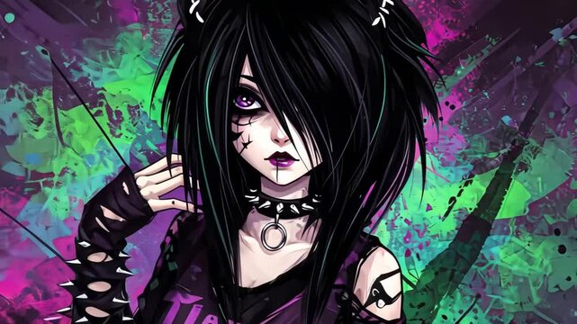Animated punk rocker girl expressing attitude in vibrant urban graffiti background