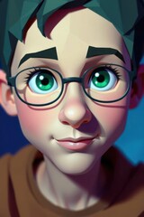 Stylized Portrait of a Boy with Glasses, Green Eyes, and a Slight Smile. Cartoon Aesthetic. © Rafal Rut