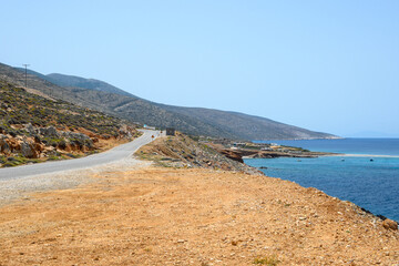 Asphalt road from north to south on Amorgos island. Cyclades, Greece