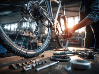 Skilled mechanic repairing a bicycle in a workshop, symbolizing maintenance and precision. Ideal for cycling blogs, repair services, and sporting goods promotions.