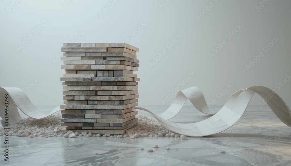 Poster building stability geometric stack of wooden blocks minimalist studio 3d art calm environment perspe