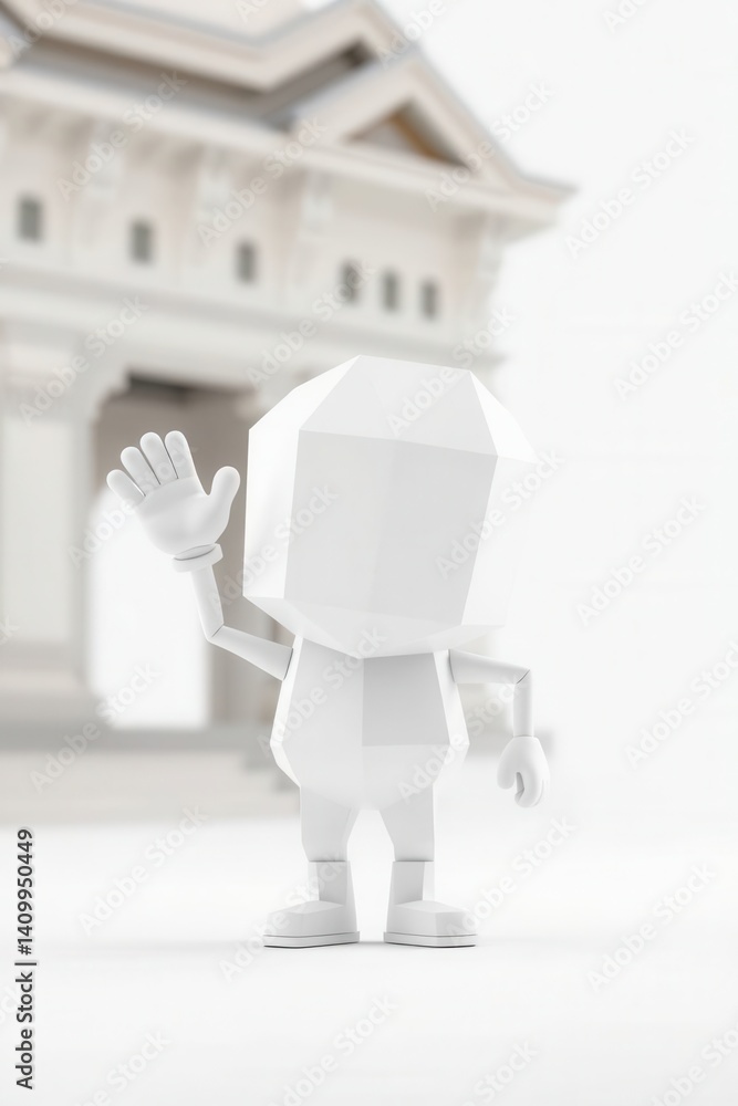 Poster geometric character waving hand in front of bright white building with many windows in the backgroun