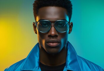 Obraz premium a striking portrait of a young black man confidently gazing forward while wearing stylish blue-tinted aviator sunglasses against a vibrant neon yellow and blue gradient backdrop.