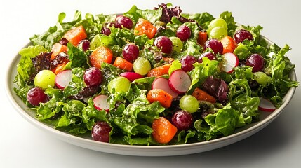 Fresh Salad with Lettuce, Radishes, Carrots, and Grapes, A fresh salad with lettuce, radishes, carrots, and grapes on a white plate