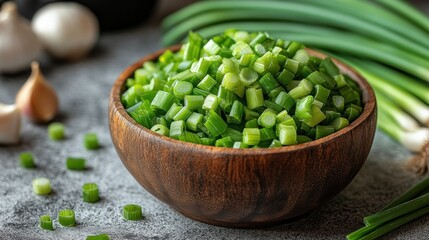 Freshly chopped scallions in a wooden bowl