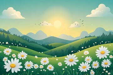Fototapeta premium Idyllic Nature Landscape. Vibrant Sunrise Over a Blooming Meadow of Daisies
