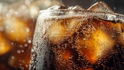 Two glasses of cola with ice cubes and bubbles close up.