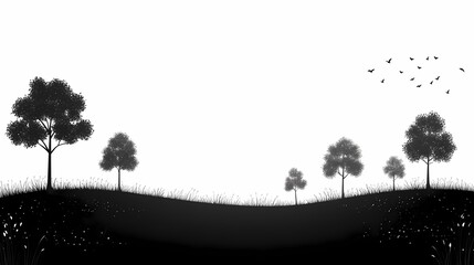 Mystical Silhouetted Tree on Tranquil Horizon. Nature Landscape Illustration