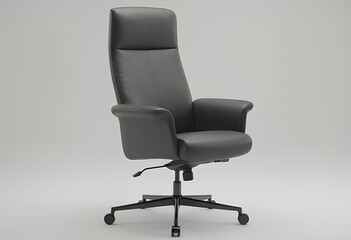 Obraz premium a sleek black executive office chair with a high back and five-star base is centered against a neutral gray background.