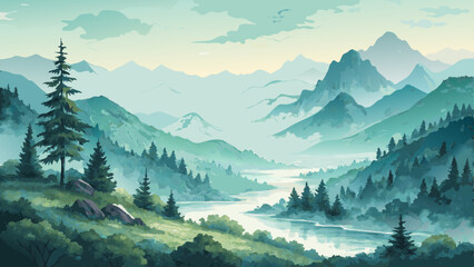 Fototapeta premium *Watercolor Meditative Landscape – Serene Mountains & Tranquil Valleys in Soft Greens & Blues (Calming Background with Copy Space)* 