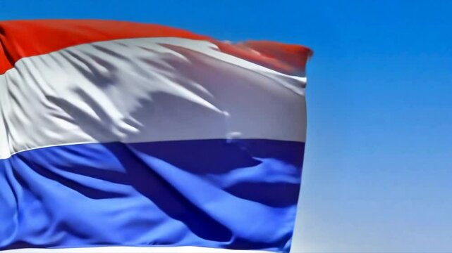 The dutch flag is flying against a blue sky