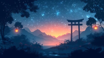 Tranquil Night Landscape. Starry Sky and Tori Gate in Serene Forest, Japan