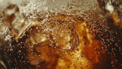 Fizzy brown liquid with ice cubes and bubbles in a glass.