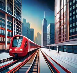 Naklejka premium Modern Red High Speed Train Traveling Through a Cityscape at Sunrise