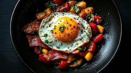 Fried egg, bacon, and roasted vegetables breakfast